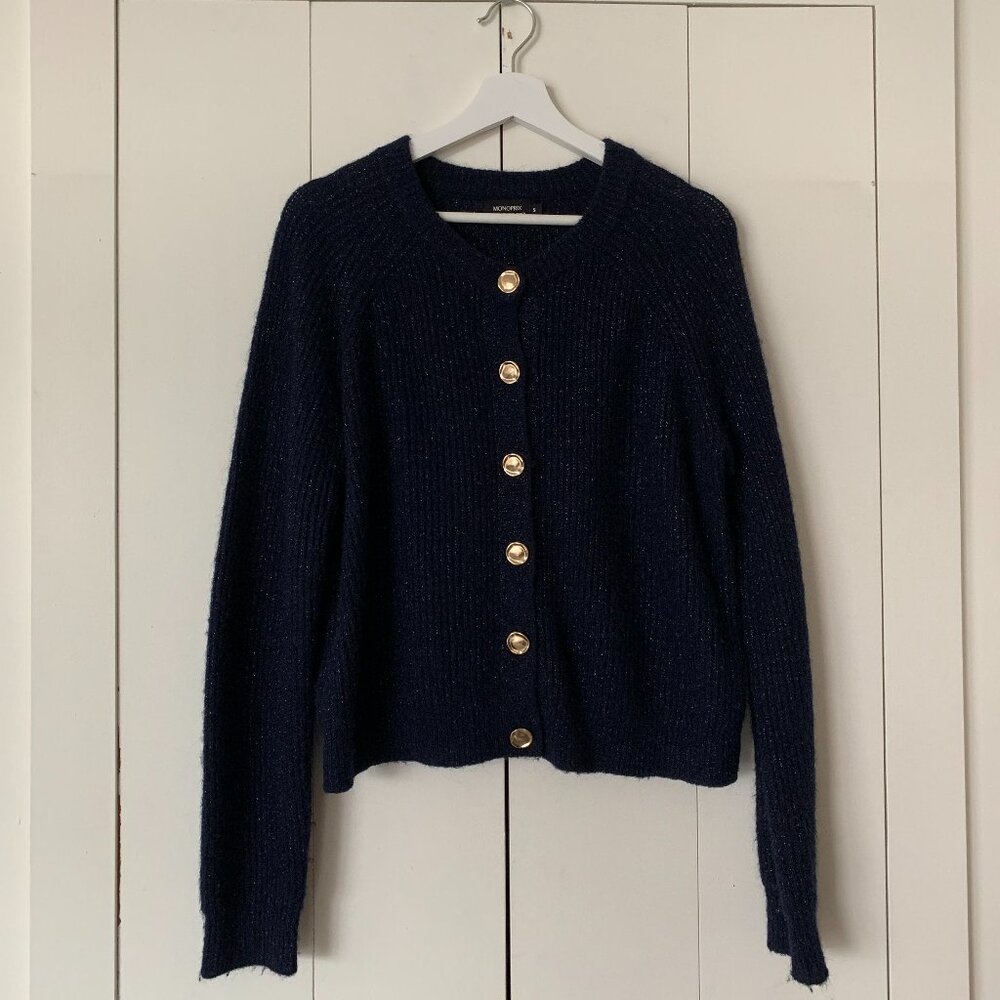 Chic Navy Blue Cardigan – Gold Buttons – Size S (Best for M)